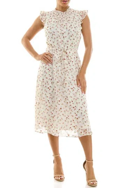 Nina Leonard Smock Chiffon Midi Dress In Cream Multi