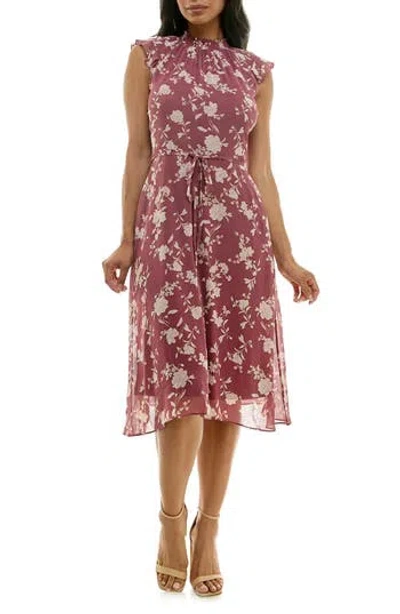Nina Leonard Smock Chiffon Midi Dress In Mauve/cream