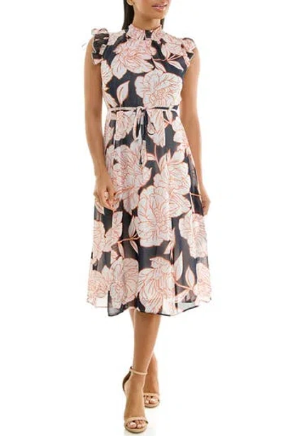Nina Leonard Smock Chiffon Midi Dress In Navy Orange Ivory