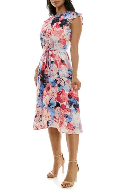 Nina Leonard Smock Chiffon Midi Dress In Pacific Navy/cream