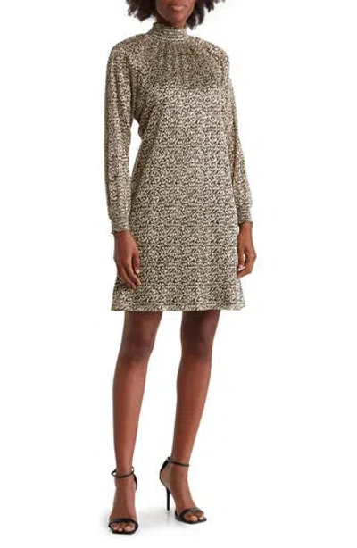 Nina Leonard Smock Neck Float Foiled Print Trapeze Cocktail Dress In Brown