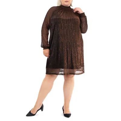 Nina Leonard Smock Neck Metallic Overlay Dress In Black/copper