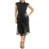 Nina Leonard Smocked Flutter Sleeve Mesh Dress In Black