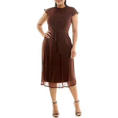 Nina Leonard Smocked Flutter Sleeve Mesh Dress In Brown