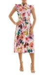 Nina Leonard Smocked Neck Tie Waist Midi Dress