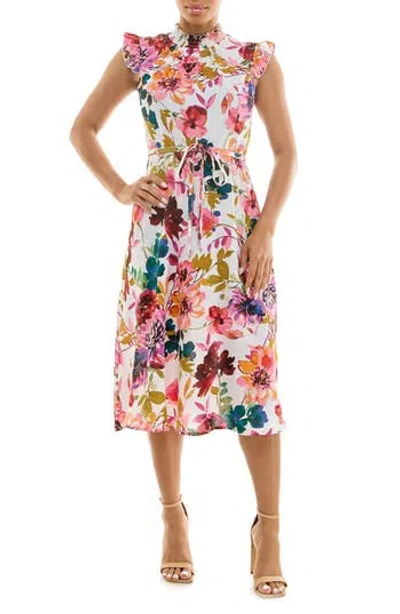 Nina Leonard Smocked Neck Tie Waist Midi Dress