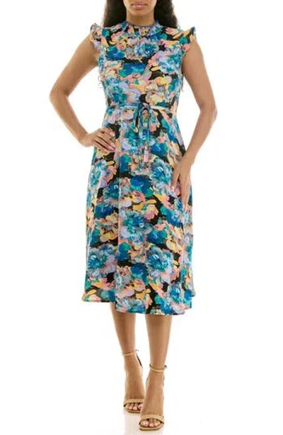 Nina Leonard Smocked Neck Tie Waist Midi Dress