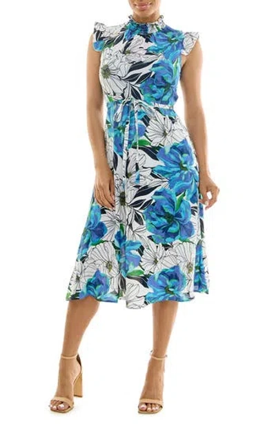 Nina Leonard Smocked Neck Tie Waist Midi Dress In Multi