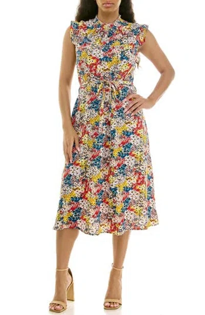 Nina Leonard Smocked Neck Tie Waist Midi Dress In Multi