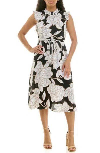 Nina Leonard Smocked Neck Tie Waist Midi Dress In Multi