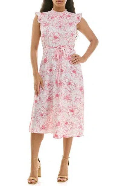 Nina Leonard Smocked Neck Tie Waist Midi Dress In Multi