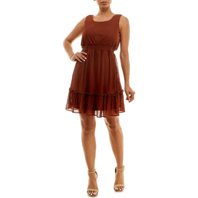 Nina Leonard Smocked Waist Dress In Brown