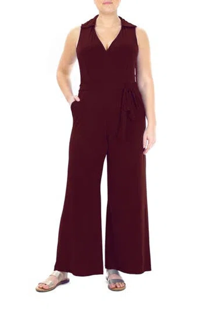 Nina Leonard Solid Tie Waist Jumpsuit In Deep Wine