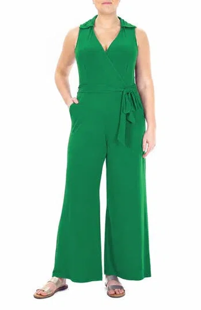 Nina Leonard Solid Tie Waist Jumpsuit In Kelly Green