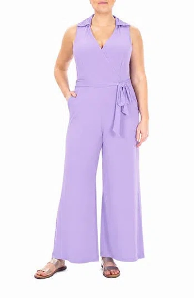 Nina Leonard Solid Tie Waist Jumpsuit In Lavender