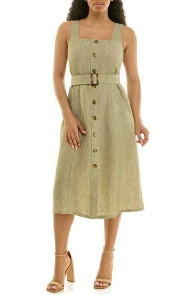 Nina Leonard Square Neck Button Front Dress In Green