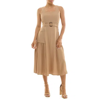 Nina Leonard Square Neck Sleeveless Belted Midi Dress