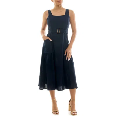 Nina Leonard Square Neck Sleeveless Belted Midi Dress