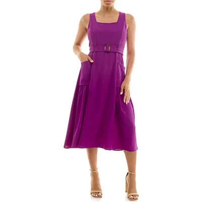 Nina Leonard Square Neck Sleeveless Belted Midi Dress In Purple