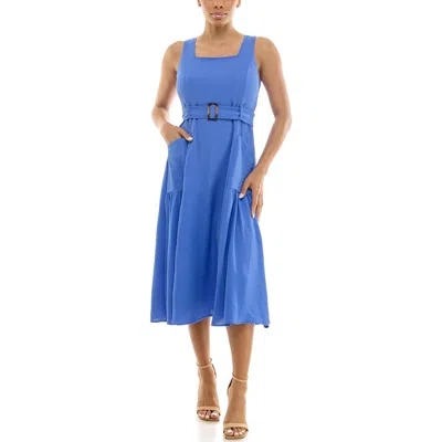 Nina Leonard Square Neck Sleeveless Belted Midi Dress In Purple