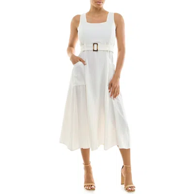 Nina Leonard Square Neck Sleeveless Belted Midi Dress In White