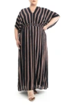 Nina Leonard Stripe Dolman Sleeve Maxi Dress In Navy/cognac