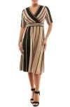 Nina Leonard Stripe Elbow Sleeve Sweater Dress In Tan/black