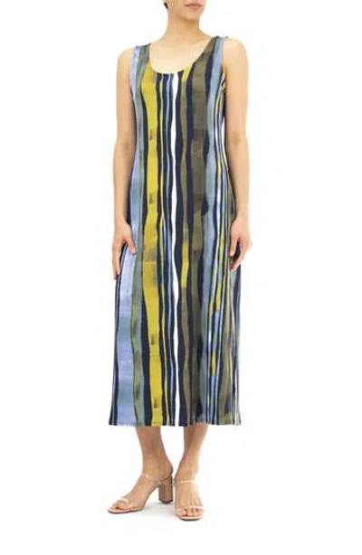 Nina Leonard Stripe Print Maxi Dress In Moss/navy
