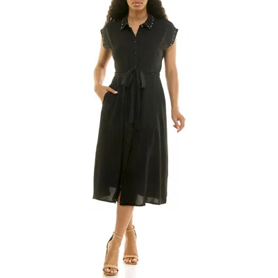 Nina Leonard Studded Cap Sleeve Midi Shirtdress In Black
