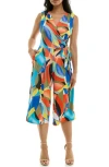 Nina Leonard Surplice Culotte Crop Jumpsuit In Multi