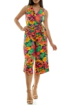 Nina Leonard Surplice Culotte Crop Jumpsuit In Multi