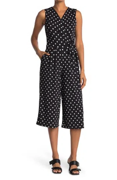 Nina Leonard Surplice Culotte Crop Jumpsuit In Black/ivory Timeless Dot