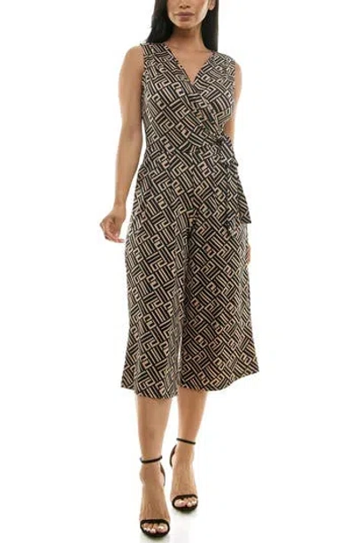 Nina Leonard Surplice Culotte Crop Jumpsuit In Black/tan
