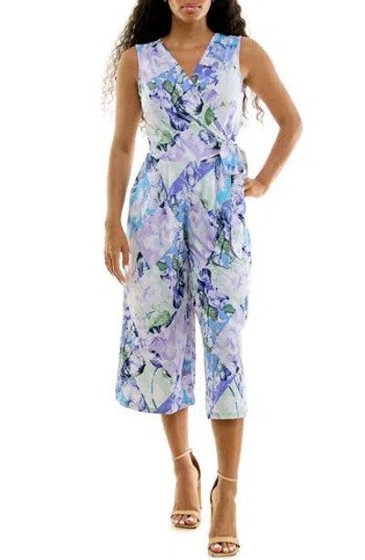 Nina Leonard Surplice Culotte Crop Jumpsuit In Multi