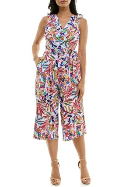 Nina Leonard Surplice Culotte Crop Jumpsuit In Multi