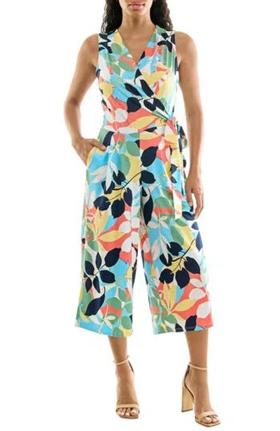 Nina Leonard Surplice Culotte Crop Jumpsuit In Navy/ Carolina Multi