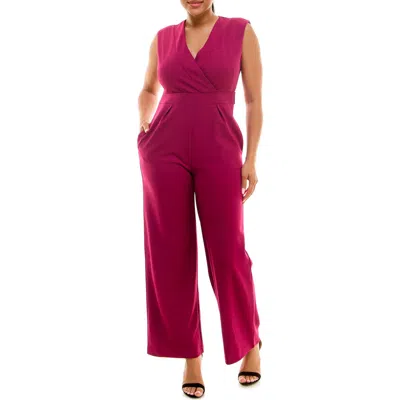 Nina Leonard Surplice V-neck Wide Leg Jumpsuit In Dark Magenta