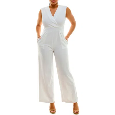 Nina Leonard Surplice V-neck Wide Leg Jumpsuit In Ivory