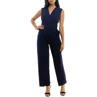 Nina Leonard Surplice V-neck Wide Leg Jumpsuit In Navy