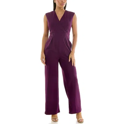 Nina Leonard Surplice V-neck Wide Leg Jumpsuit In Raisin