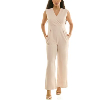 Nina Leonard Surplice V-neck Wide Leg Jumpsuit In Sand
