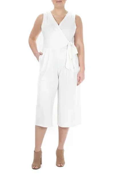 Nina Leonard Surplice Wrap Crop Jumpsuit In White