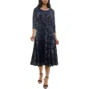 Nina Leonard Sylvia Floral A-line Midi Dress In Black/bright Cobalt