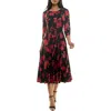 Nina Leonard Sylvia Floral A-line Midi Dress In Black/red Foil