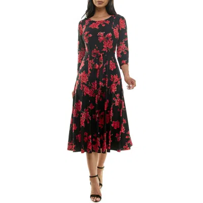 Nina Leonard Sylvia Floral A-line Midi Dress In Black/red Foil