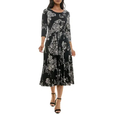 Nina Leonard Sylvia Floral A-line Midi Dress In Black/tan Foil