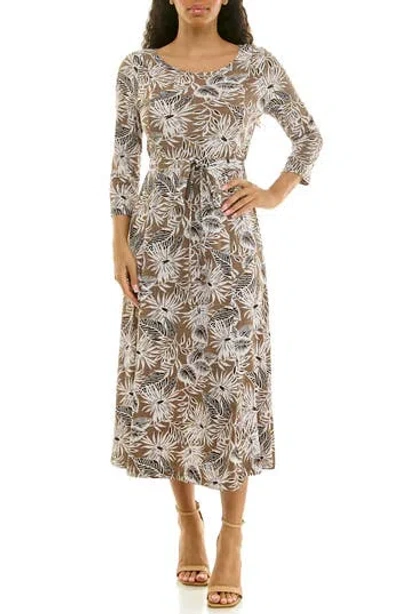 Nina Leonard Sylvia Printed Tie Waist Midi Dress In Multi