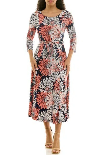 Nina Leonard Sylvia Printed Tie Waist Midi Dress In Multi