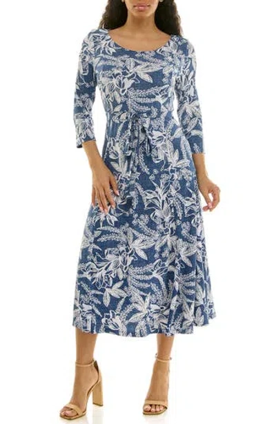 Nina Leonard Sylvia Printed Tie Waist Midi Dress In Blue