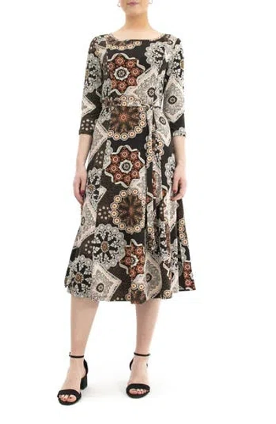 Nina Leonard Sylvia Printed Tie Waist Midi Dress In Multi